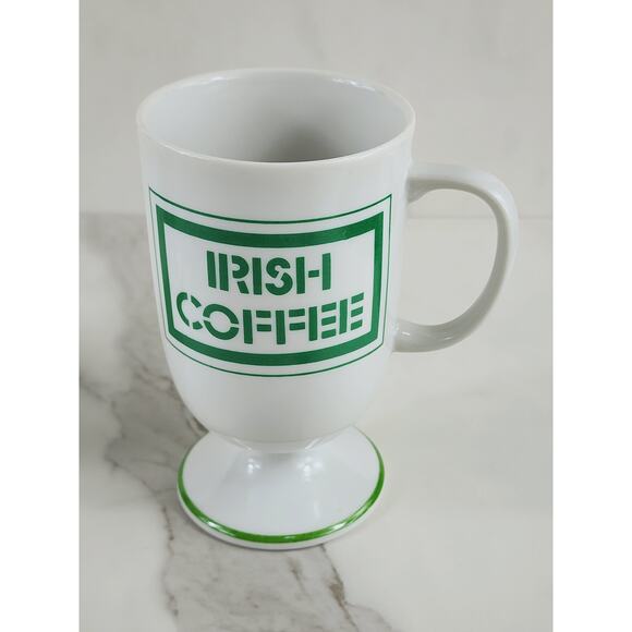 Irish Coffee Mug w/ Recipe Green Clover Pedestal 5" White Porcelain x2 Vintage - Picture 3 of 14
